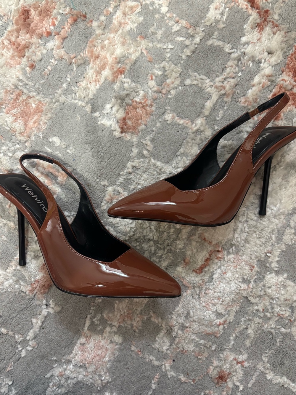 Brown Patent Slingback Stiletto Pumps
